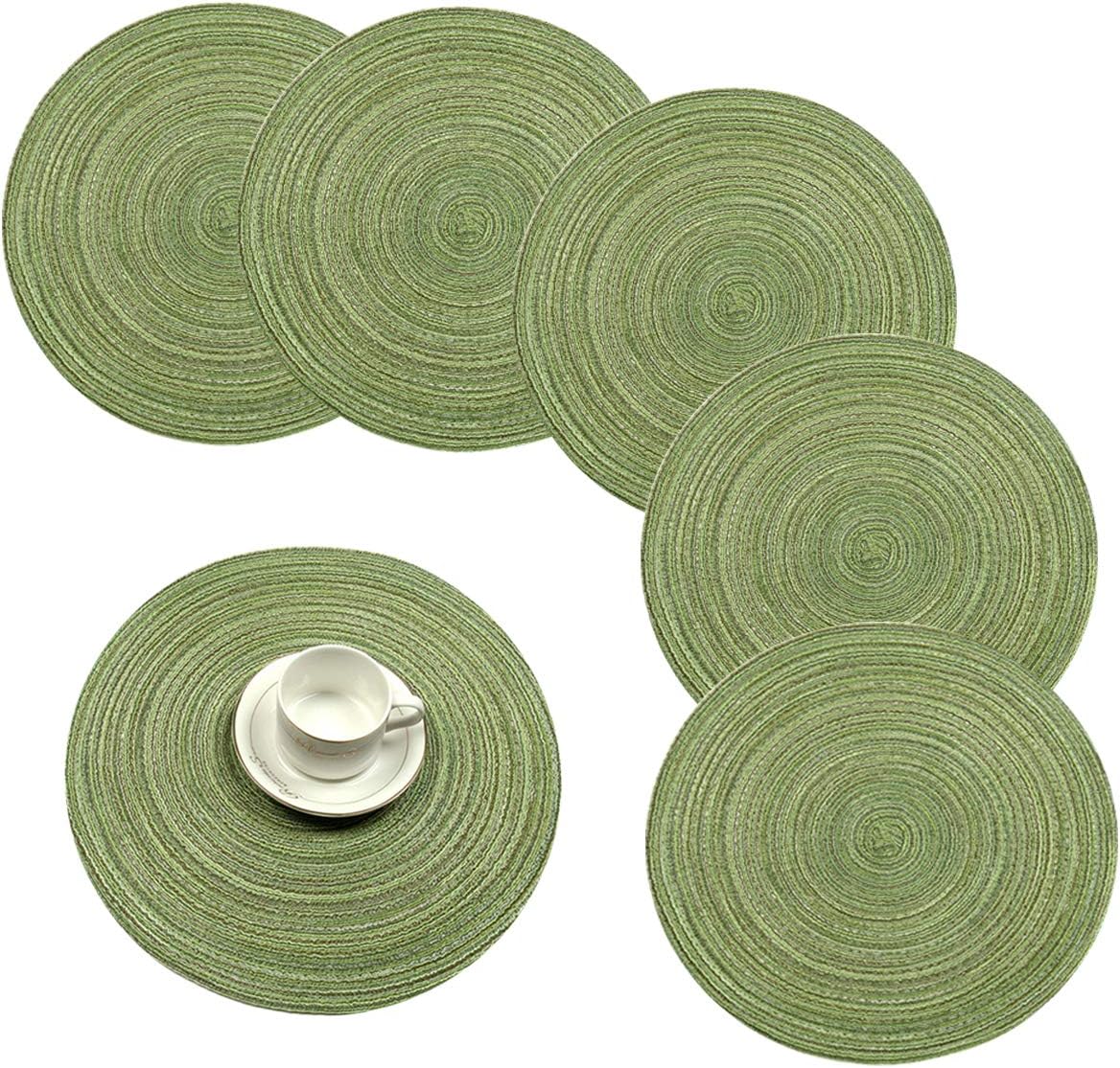 Pauwer 38cm/15inch Woven Round 6 Pieces Placemats Heat Insulation non slip Braided Cotton Dinner Table Mats Washable Place Mats for Home Party Wedding Restaurant (Green)