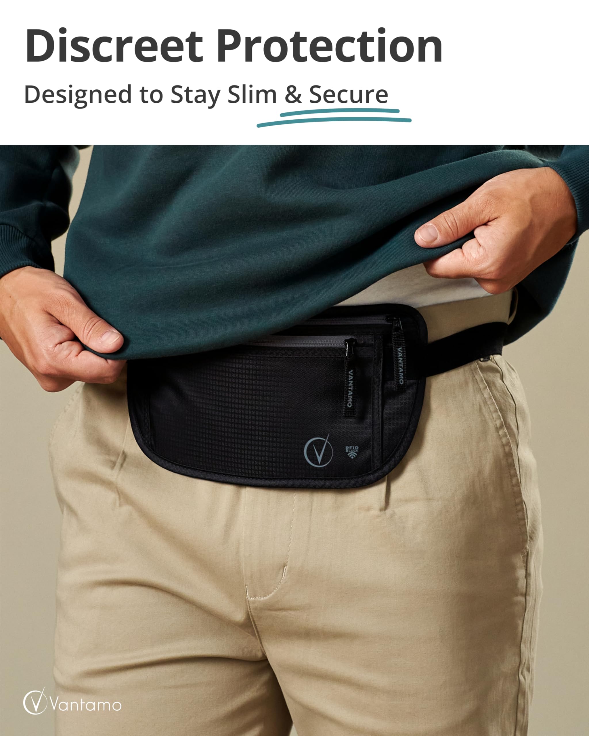 Vantamo Money Belt For Travel Hidden, RFID Protected Waist Wallet, Fits Passport & Phone with cover