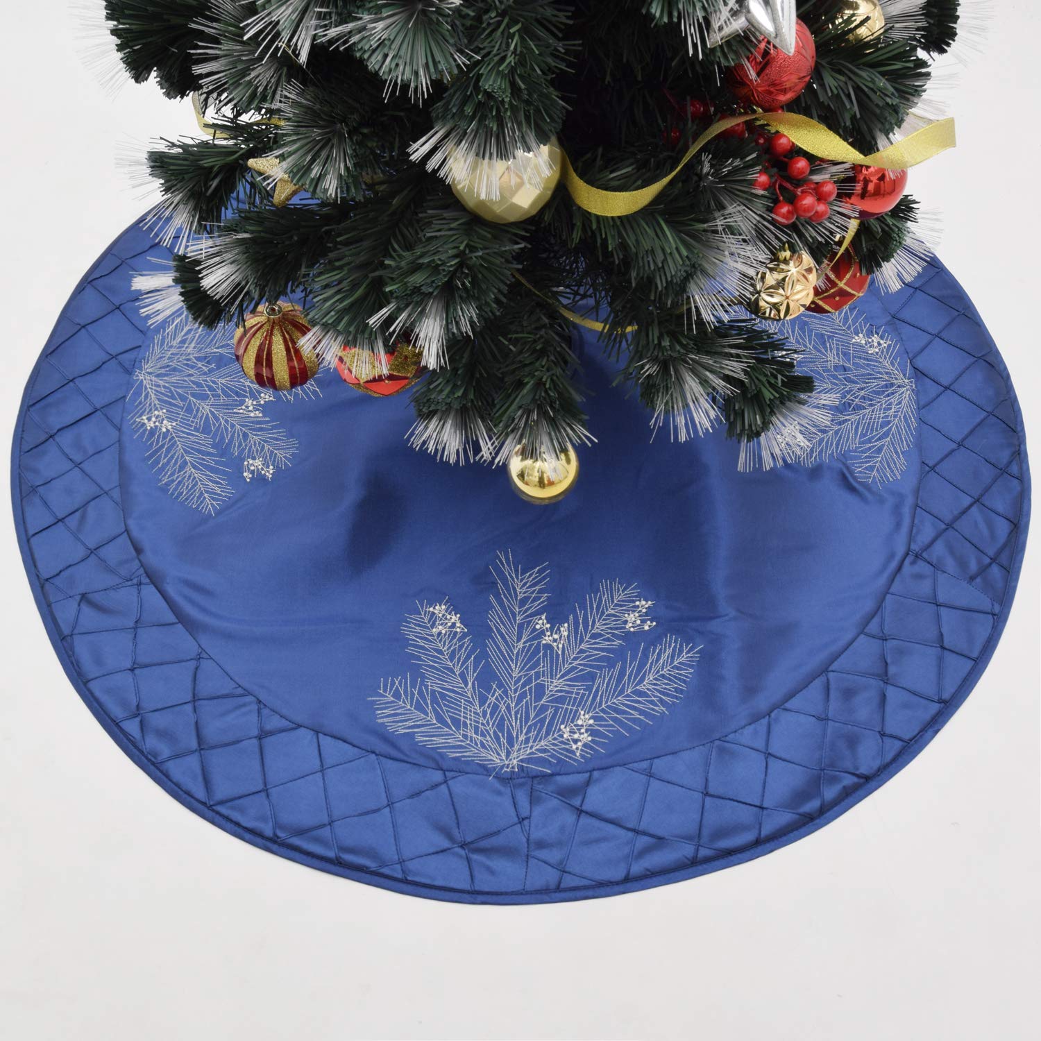 Gireshome Blue Faux Silk Deluxe Berry Embroidered Center, Handcraft Pintuck Border Christmas Tree Skirt -42inch