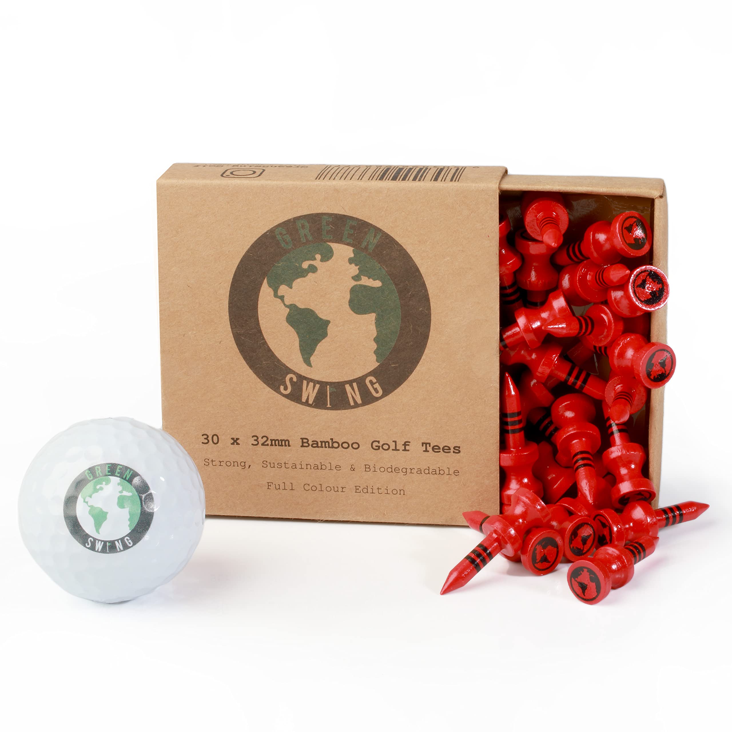 Green Swing Bamboo Golf Tees 32mm | Strong Sustainable Biodegradable | 30pcs | Full Colour Edition | Red Castle Tees