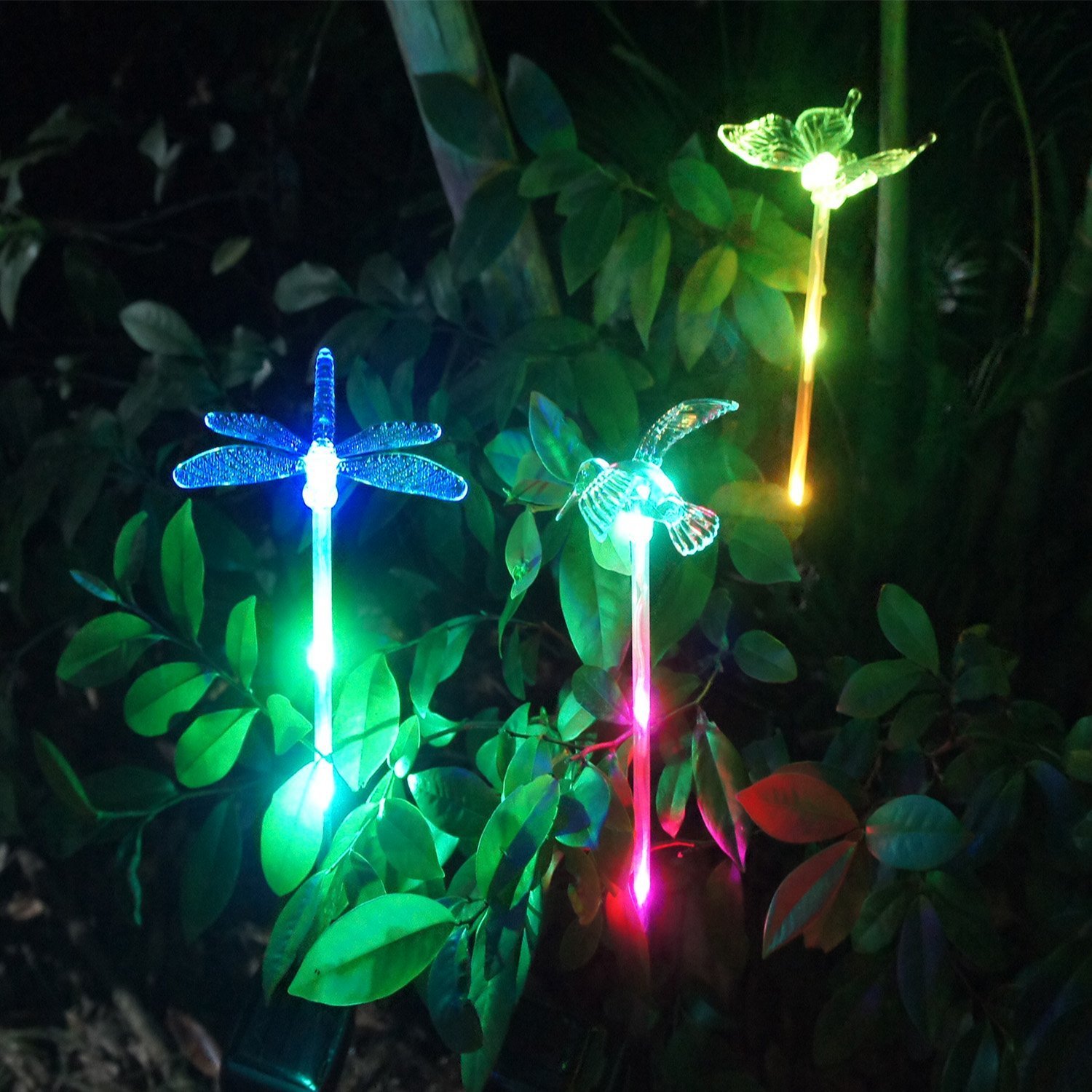 HCTro Solar Garden Lights, Crystal Upper Stake with Built in Multi Color Changing 3 LED, Hummingbird Butterfly Dragonfly, Solar Powered Lights, Outdoor Solar Lights for Patio Yard Fairy, 3 Pack