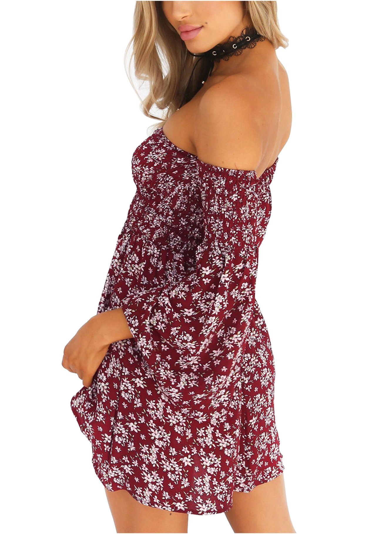 CHIC DIARY Women Sexy Off Shoulder Mini Dress Warp Chest Flare Sleeve Floral Dress (L)