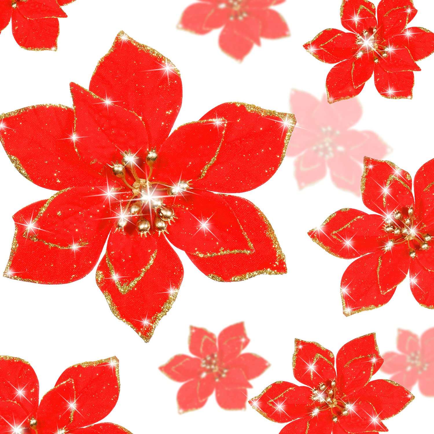 WILLBOND 24 Pieces 3 Size Christmas Glitter Poinsettia Flowers Wedding Faux Flowers Christmas Decoration Ornaments For Christmas tree New Year Home Outdoor Decoration (Red,3.2/4/6 Inches)