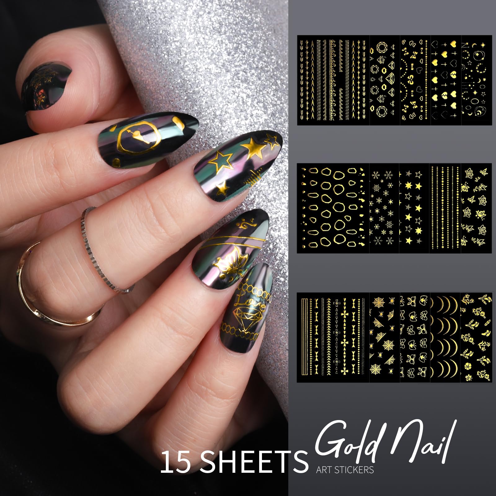 Teenitor Nail Charms Nail Art Kit with 15 Sheets Gold Nail Stickers, 6 Boxes of Nail Gems Nail Art Tools Nail Rhinestones for Nails, Nail Supplies 3D Nail Charms and Gems Nail Decals Nail Pearls - Image 7