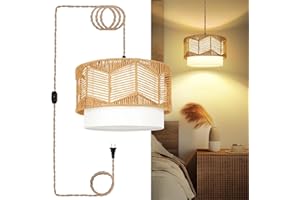 FRIDEKO HOME Frideko Boho Plug in Pendant Light, Rattan Hanging Lamp with Dimmable Switch, Indoor Hanging Lights with Plug in Cord, Rustic Hanging Light with Double Lampshade & 14.76FT Switch Cord for Bedroom