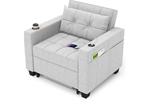 DURASPACE 39 inch Futon Chair Bed Convertible Chair 3-in-1 Pull Out Sleeper Reading Chair Beds with USB, Armchair Sleeper Bed for Living Room, Dorm, Small Space (Light Gray Linen)