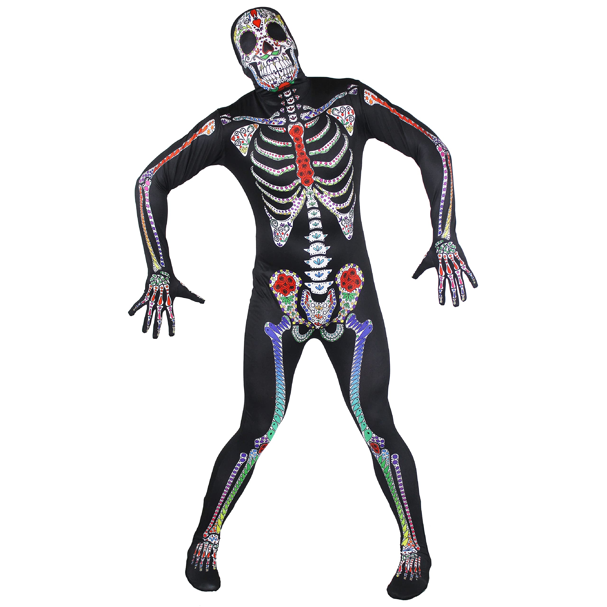 Ilovefancydress Sugar Skull Skeleton Skin Suit Halloween Fancy Dress Costume Mexican Day of the Dead Coloured Print Cinco De Mayo Spanish Mens Ladies - Medium - Up to 38" Chest