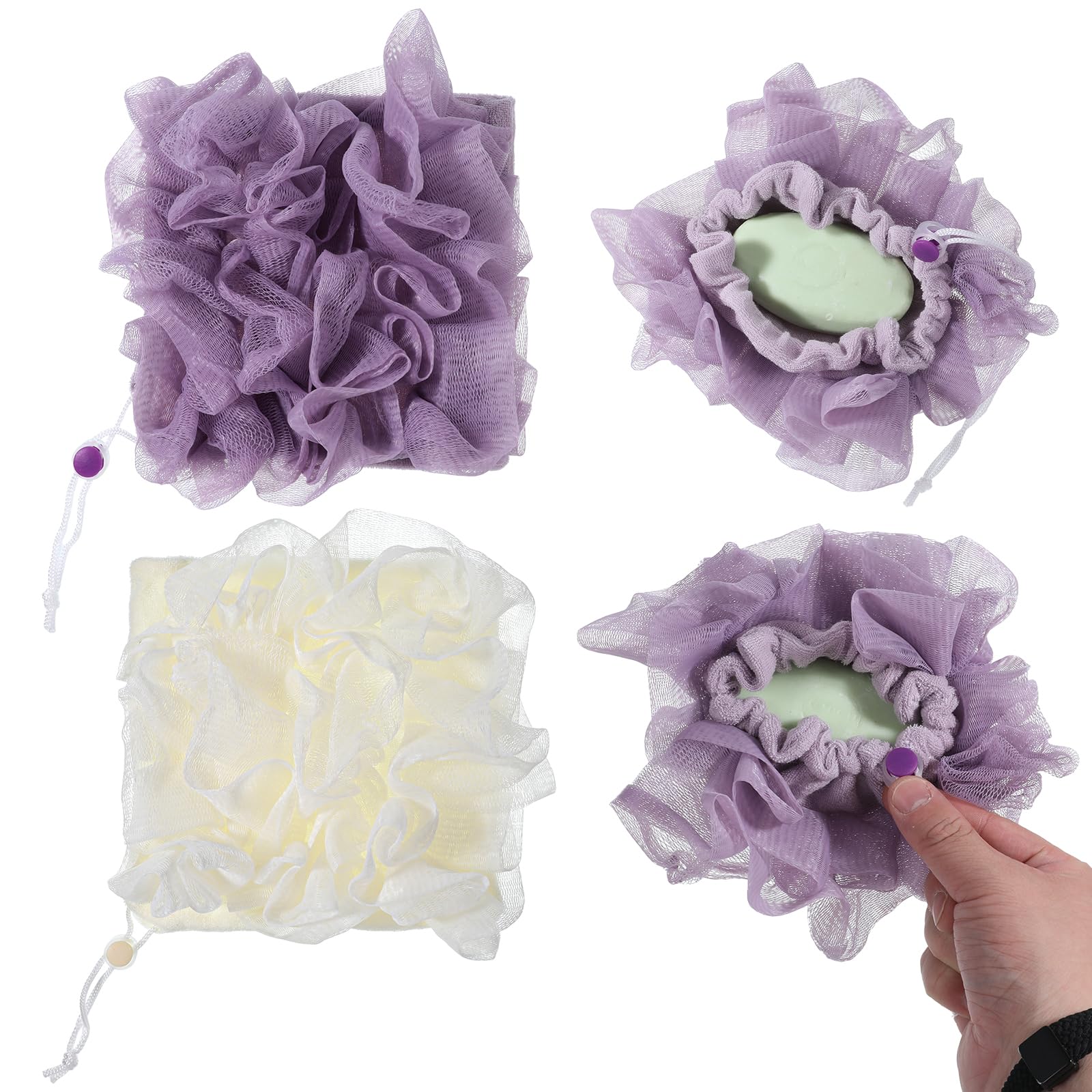 View 1 of 2 Pcs 2 in 1 Loofah Washcloth Combo, Soap Bar Loofah, Exfoliating Shower Pouf with Bar Soap Pocket for Bathing, Cleansing and Smooth Skin (Beige, Purple)