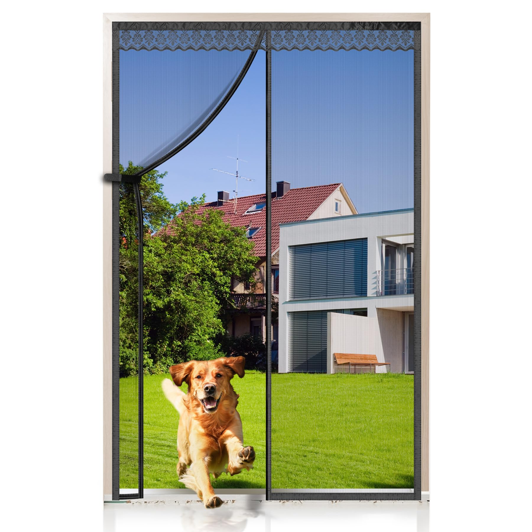 Fiberglass Magnetic Screen Door, Anti Mosquito Mesh Fly Curtain with Full Frame Hook&Loop Easy to Install Fiberglass Mesh Curtain Anti Mosquito (90x210 cm, Black)