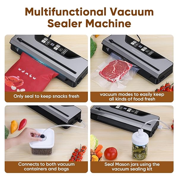 VACUUM SEALER FOR FOOD, ELECTRIC FOOD VACUUM SEALER MACHINE WITH DIGITAL DISPLAY, 8 PRESET MODES, BUILT-IN CUTTER, INCLUDES 3 FOOD STORAGE CONTAINERS & FULL STARTER KIT