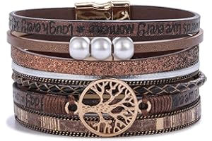 FANCY SHINY Tree of Life Leather Wrap Bracelet Inspirational Cuff Bangles Boho Pearl Bracelets with Magnetic Clasp Unique Jewelry Gifts for Women