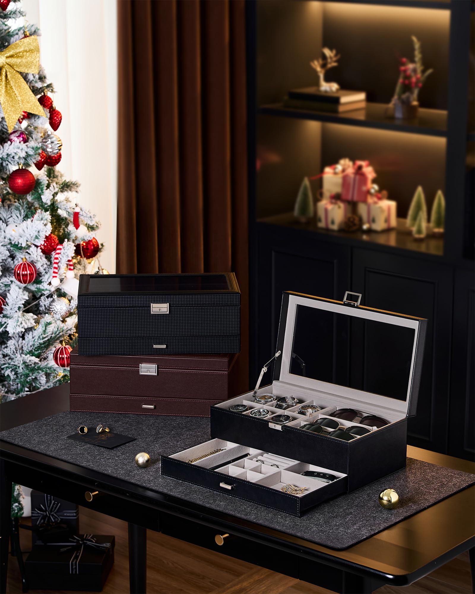 ProCase ProCase Mens Jewelry Box, Lockable 6 Slot Watch Case & 3 Slot Sunglasses Organizer, 2-layer Mens Jewelry Organizer Watch Box for Men, Watches Holder Display Storage Birthday Christmas Gifts -AllBlack