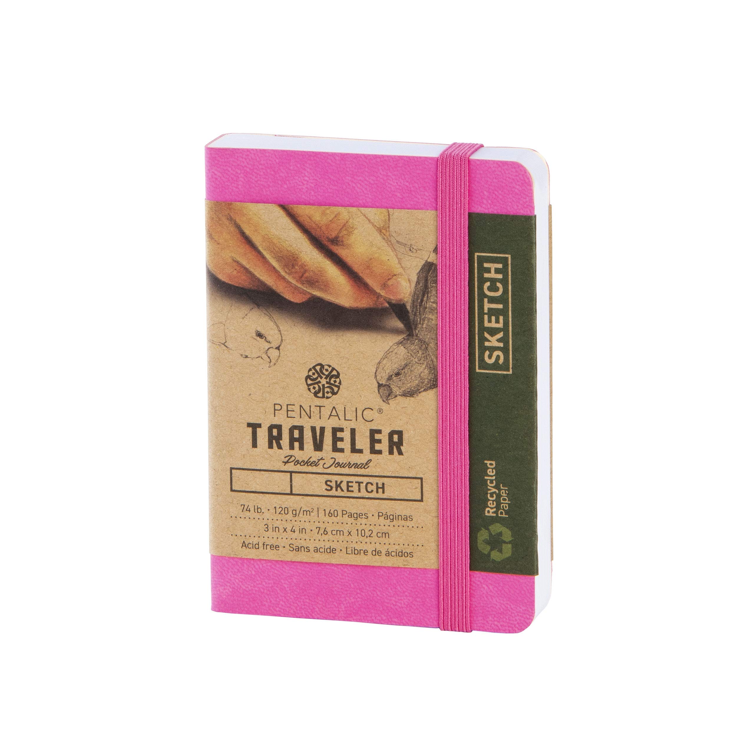 Pentalic Art Traveler Pocket Journal Sketch Book, 4" x 3", Bright Pink