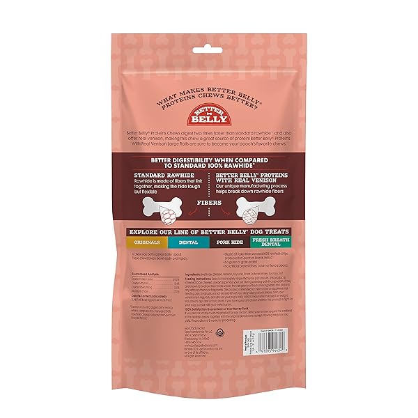 BETTER BELLY PROTEINS WITH REAL VENISON LARGE ROLLS 3 COUNT, DIGESTIBLE RAWHIDE FOR DOGS, 12.1 OUNCE (PACK OF 1)