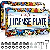 Colorful Hippie Flowers License Plate Frame - 2 Pack Women Car Plate Frames Cute Daisy Blossom Decorative Aluminum Car Tag Frames