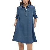 EZAPINE Womens Denim Shirt Dress Collared Button Up V Neck Casual A Line Jean Dresses with Pockets