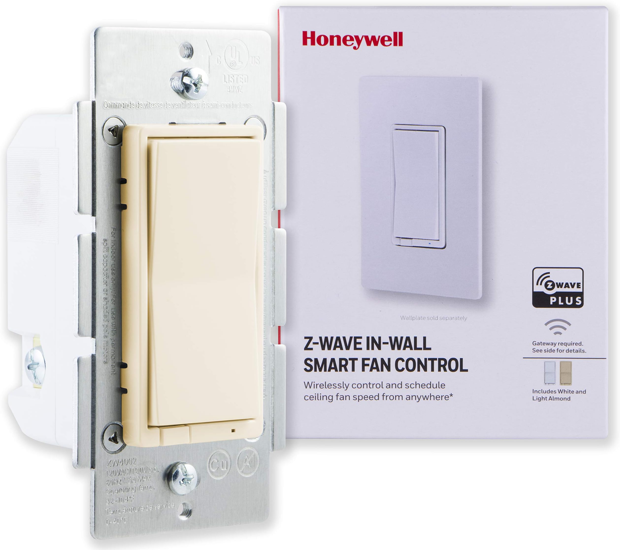Honeywell UltraPro Z-Wave Plus Smart Fan Speed Control, In-Wall Ivory, White & Almond Paddles | Repeater Range Extender | ZWave Hub Required - Alexa and Google Assistant Compatible, 38224