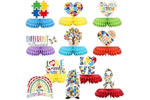 PERKOOP 11 Pieces Autism Awareness Honeycomb Centerpiece Multi Color Autism Puzzle Honeycomb Table Decorations Topper 3D Paper Colorful Autism Awareness Table Centerpiece Signs for Autism Awareness Day