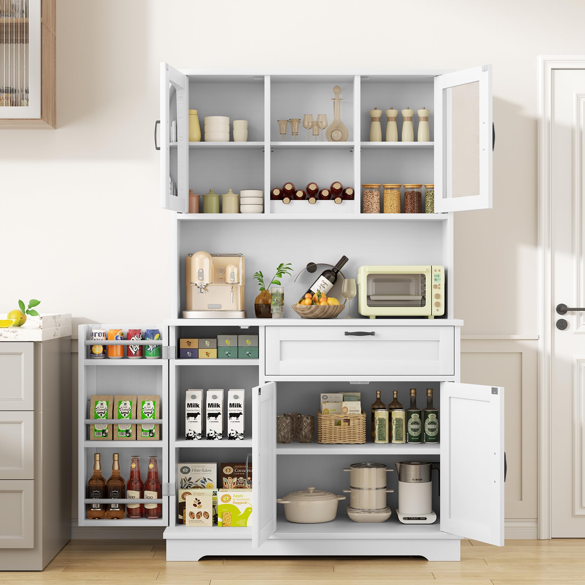 Photo 1 of ***MISSING ITEMS***SOLD AS IS***Shintenchi Kitchen Pantry Storage Cabinet, Freestanding Buffet Cabinet with Microwave Stand & 4 Door Shelves, Kitchen Hutch with Doors, Adjustable Shelves and Wine Rack, White