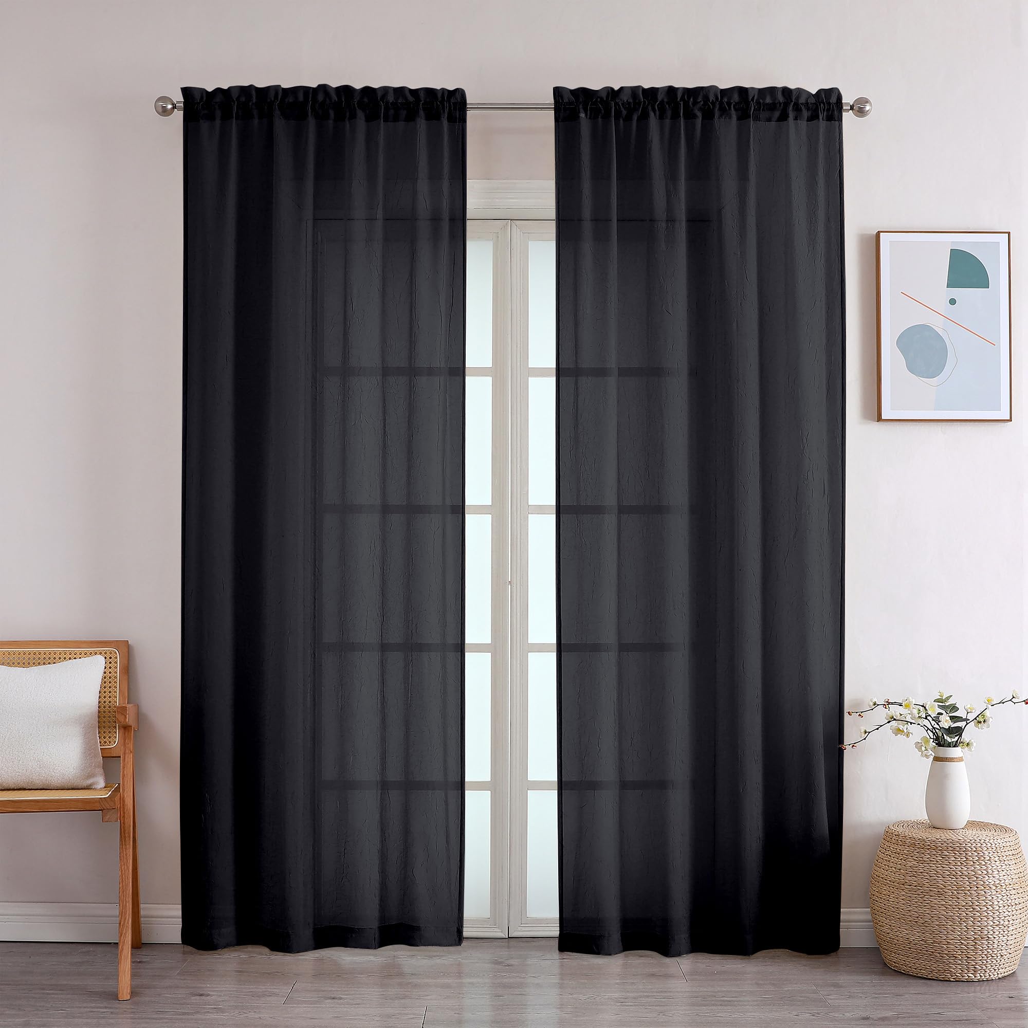 Photo 1 of OWENIE Crushed Black Sheer Curtains 84 Inch Length 2 Panels Set for Living Room/Bedroom, Rod Pocket Window Treatment Light Filtering Semi Sheer Crinkled Curtains, 2 pcs, Each 42" W x 84" L