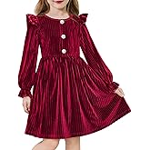 Arshiner Toddler Girls Long Sleeve Velvet Dress Ruffled Crew Neck Midi A-Line Fall Vintage Dress with Pockets for Kids 2-8Y