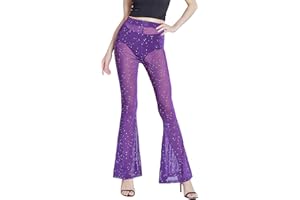 Anlaey Women's Rave Mesh Sheer Sparkly Pants Sequin Flared Bell Bottom Pants Sexy Rave Outfits for Festival Dance Clubwear