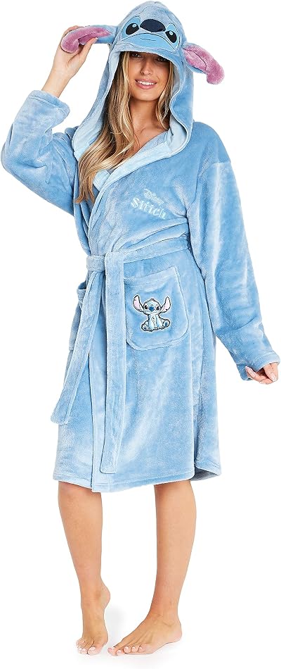 Disney Ladies Fleece Hooded Dressing Gown Robe Stitch Gifts Blue M