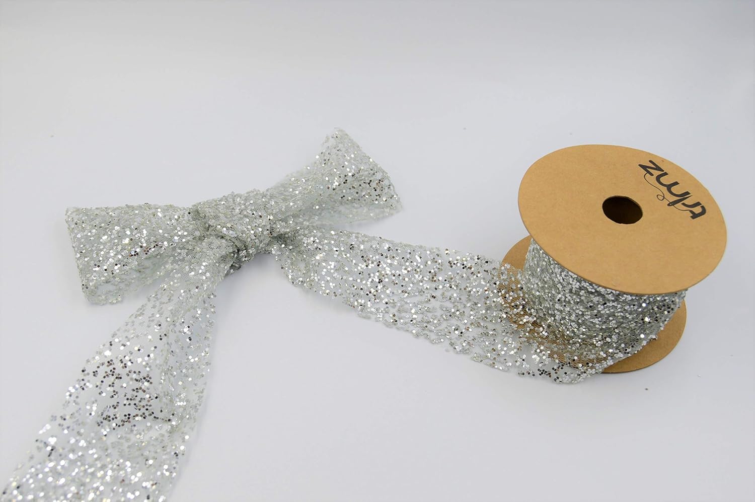 Trimz Glitter Crystal Spotted Organza Sheer Mesh Ribbon, Silver, 50mm x 5m, Trimz50GLIT5, Silver Glitter