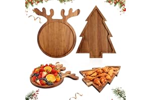 Kssiaz 2 Pcs Christmas Charcuterie Boards, Antler & Christmas Tree Wooden Cutting Board with Handle, Acacia Wood Serving Tray