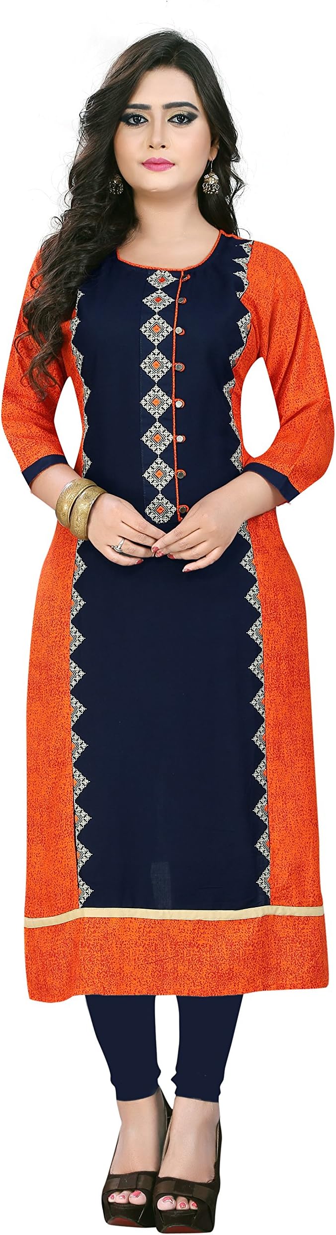 Vaikunth Fabrics Women's Embroidered Straight Rayon Orange Kurti-VFKU52-003