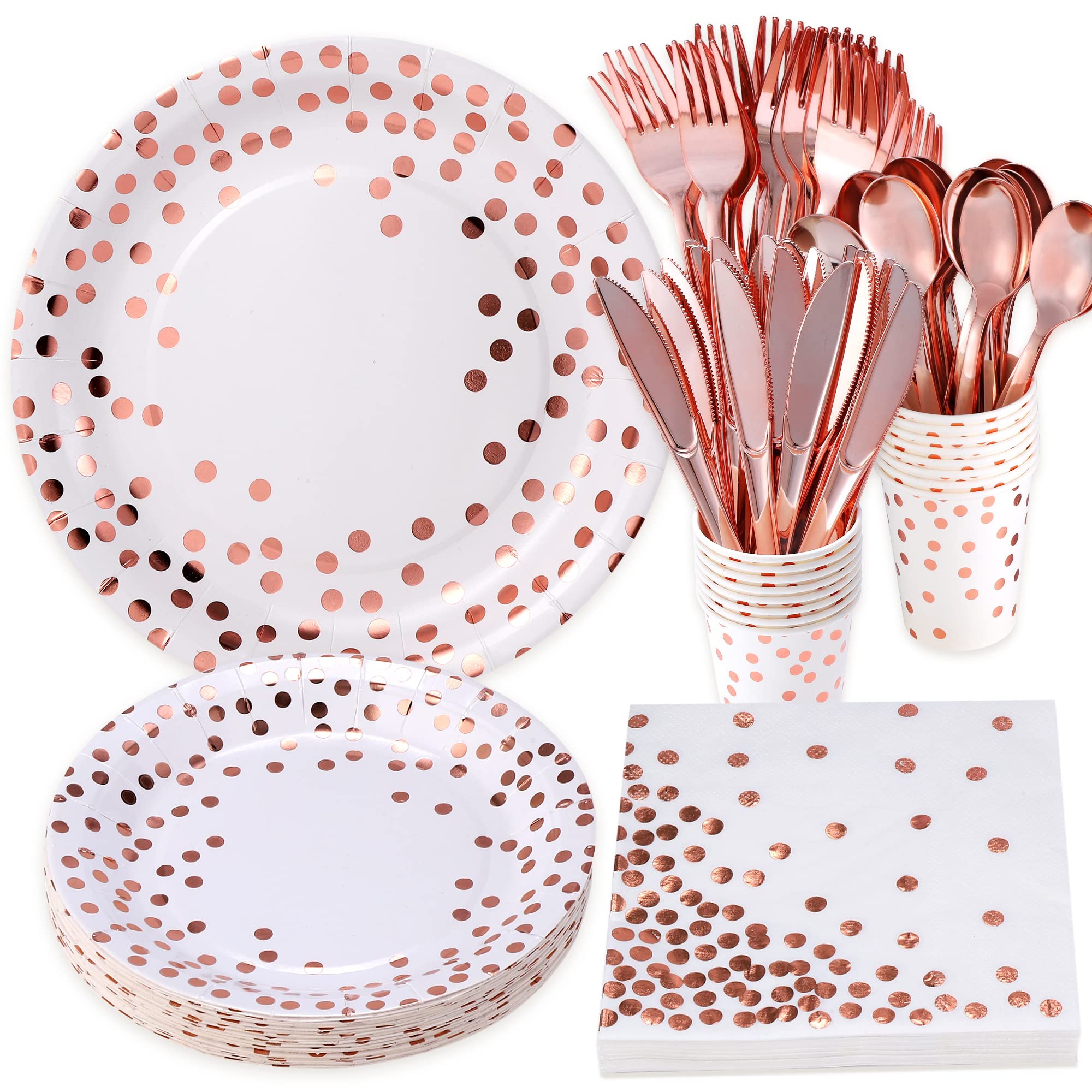 Photo 1 of 175PCS Rose Gold Party Supplies,Rose Gold Dot on White Paper Plates Napkins and Cups,Disposable Dinnerware Sets, Plastic Forks Spoons and Knives Set Serve 25 for Wedding Birthday Party Decorations