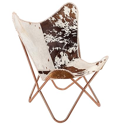Echtfell Sessel BUTTERFLY Kuhfell braun weiß Kupfergestell Stuhl echtes Fell kupfer Lounge Esszimmer Klappstuhl Loungesessel 