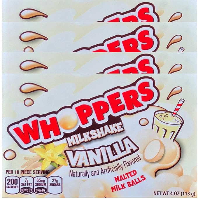 Whoppers Milkshake Vanilla Malted Milk Balls Theater Box Candy Net Wt 4 Oz (4