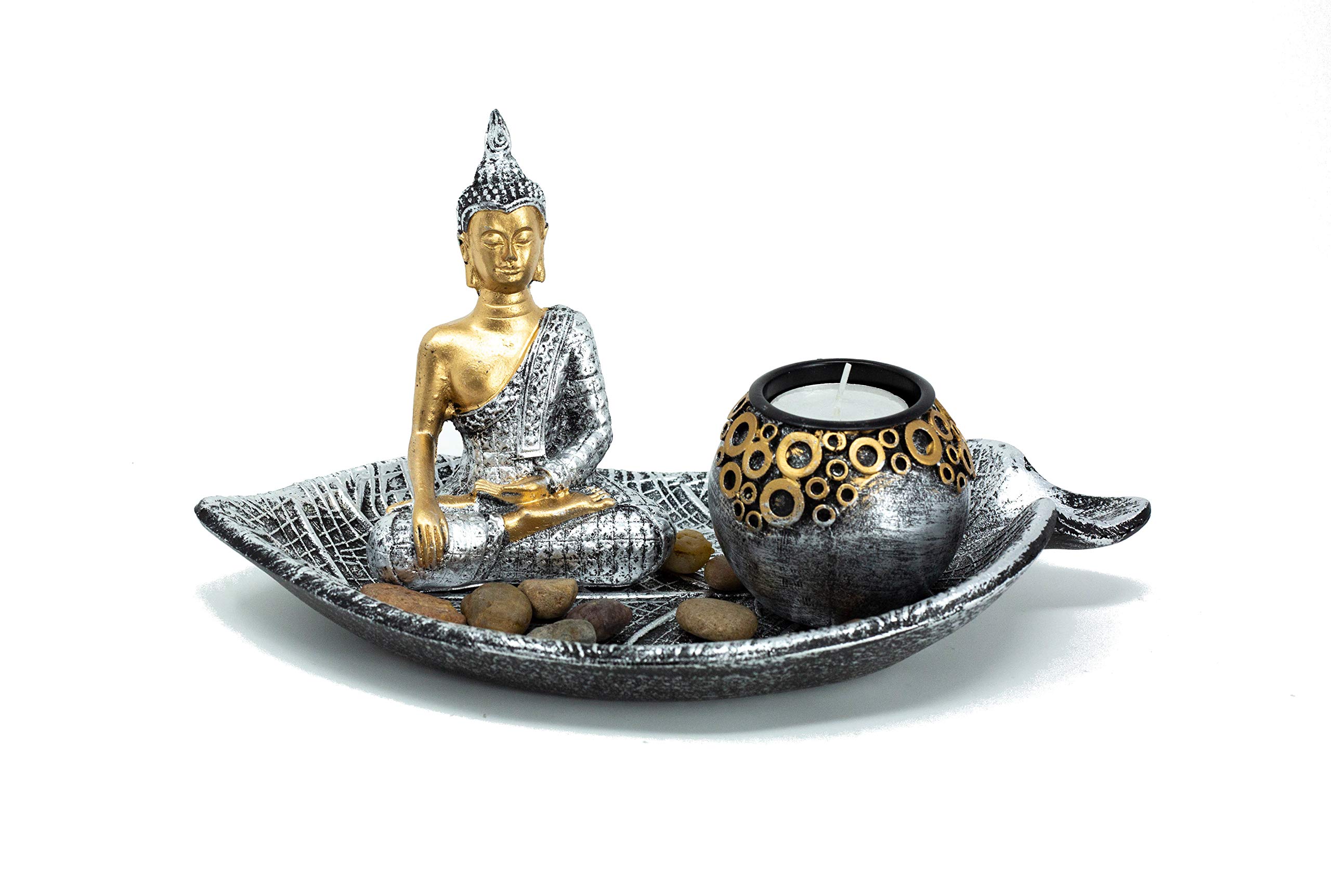 Benera Buddha Candle Holder with Leaf Bowl, Tea Light, Decorative Stones for Meditation - Set of 1