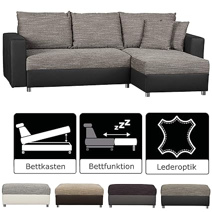 CAVADORE Schlafsofa Caaro mit Recamiere links oder rechts / Couch mit Schlaffunktion und Bettkasten / Materialmix mit Kunstle