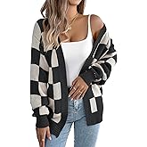 IDEALSANXUN Womens Checkered Cardigan Sweaters Fall Winter Casual Oversized Knit Jacket