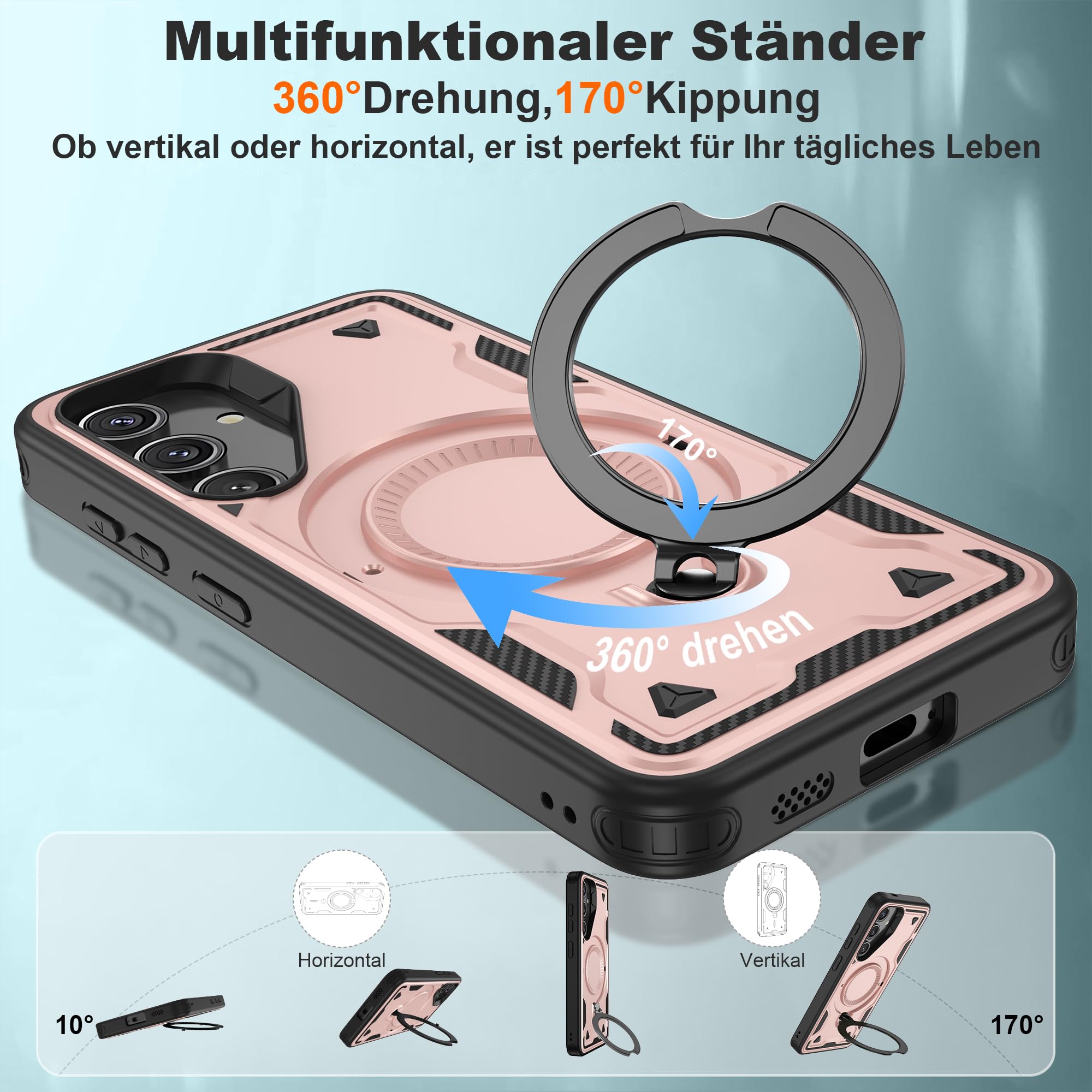Jshru Samsung Galaxy S24/S25 Hülle Kompatibel mit Magsafe Handyhülle, mit 2Stk HD-Schutzfolie Magnetische Schutzhülle, 360° Drehbare Ringhalter Stoßfeste Case für Samsung Galaxy S24/S25,Schwarz 6