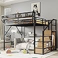 Mirightone Queen Size Loft Bed with Stairs and Storage, Metal Loft Bed Frame with Bedside Shelf and Large Under-Bed Space, Heavy-Duty Bed for Adults Teens and Kids, Black