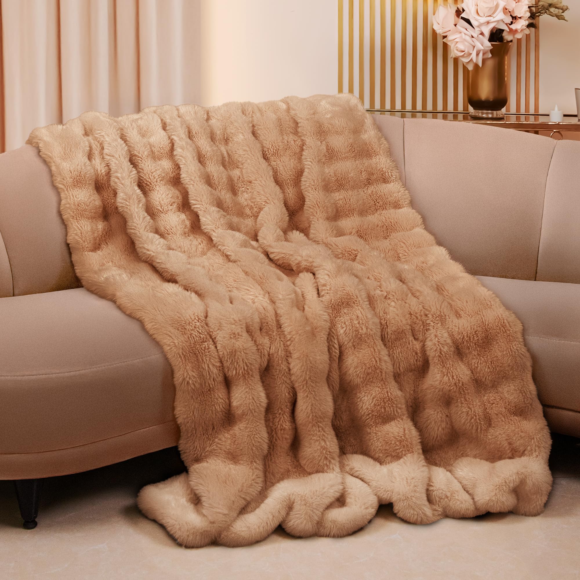 Photo 1 of Light Brown Throw Blanket for Bed, Couch, Living Room - 60 X 80 in Faux Fur Blanket - Big Fluffy Throw Blanket - Luxury Boho Blanket - Ultra-Soft and Comfortable Bed Blanket - Aesthetic Blanket