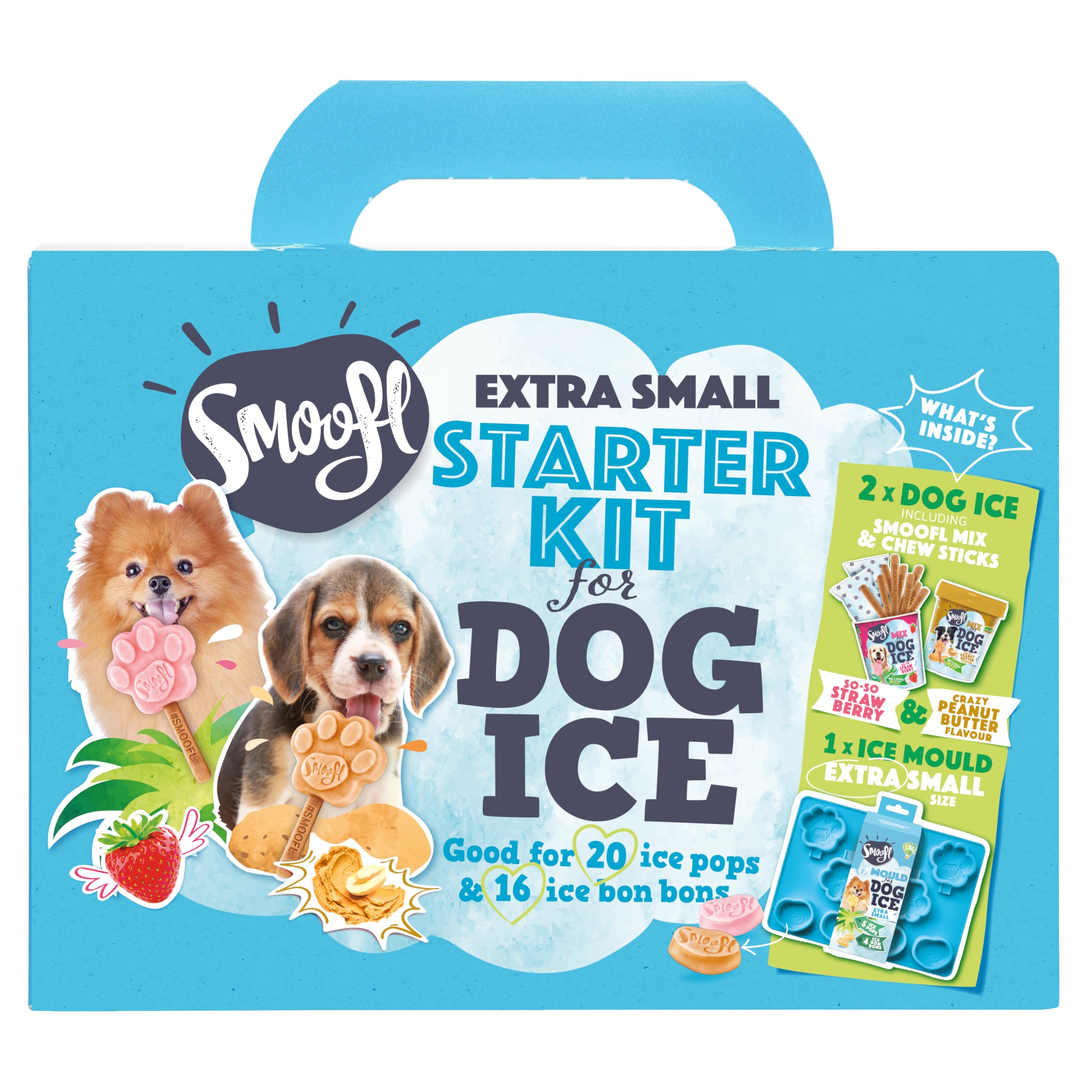 Smoofl XS Starter Kit to create your own dog ice cream, Kit with 2 Ice Cream Mixes for Little dogs, Peanut Butter & Strawberry, a pawshaped Silicone XS Mould, for 20 Dog Ice Treats and 16 Ice Pralines