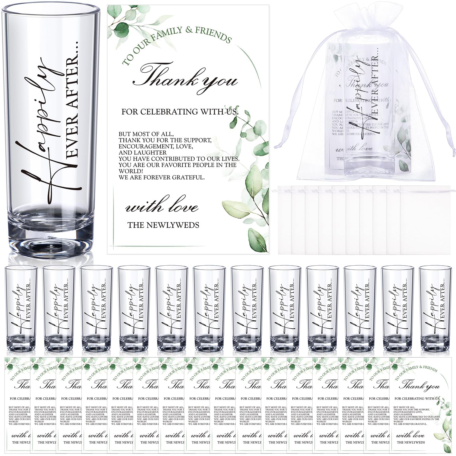 Photo 1 of Sliner 50 Set Wedding Favors for Guests Bulk 2oz Acrylic Happily ever after Shot Glasses with Thank You Cards Organza Bags wedding gifts for Guest Souvenirs Newlyweds Bridal Shower Party