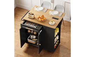 STHYTON Kitchen Island with Storage, Rolling Kitchen Table with Drop Leaf, Charging Station, 3 Open Adjustable Shelf & Drawer, Towel Rack, Mobile Kitchen Cart for Dining Room, Black and Natural