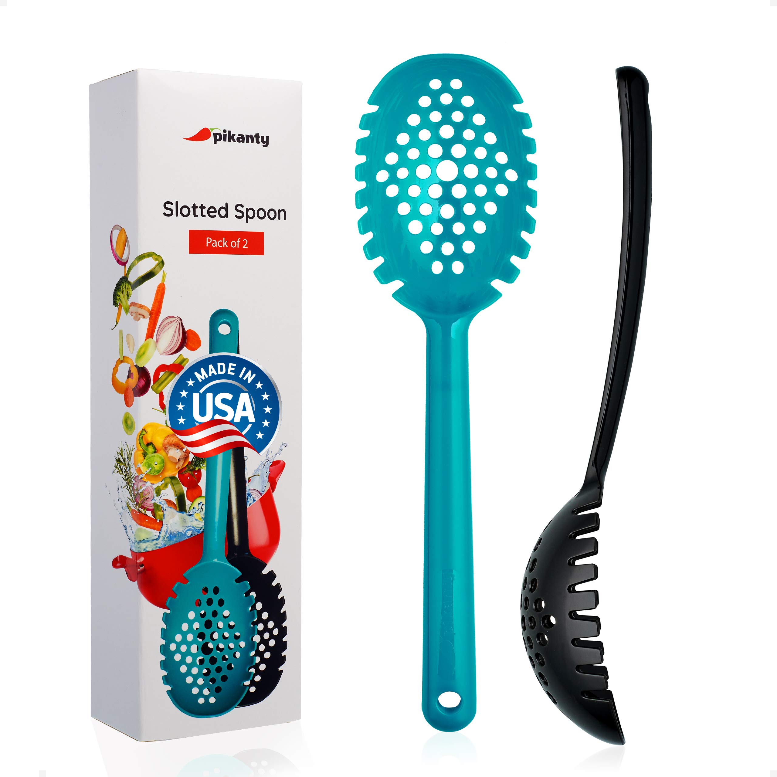 PIKANTY Slotted Spoons for Serving and Cooking - Ideal for vegetables, pasta, meat balls, potatoes, french fries. Made in USA