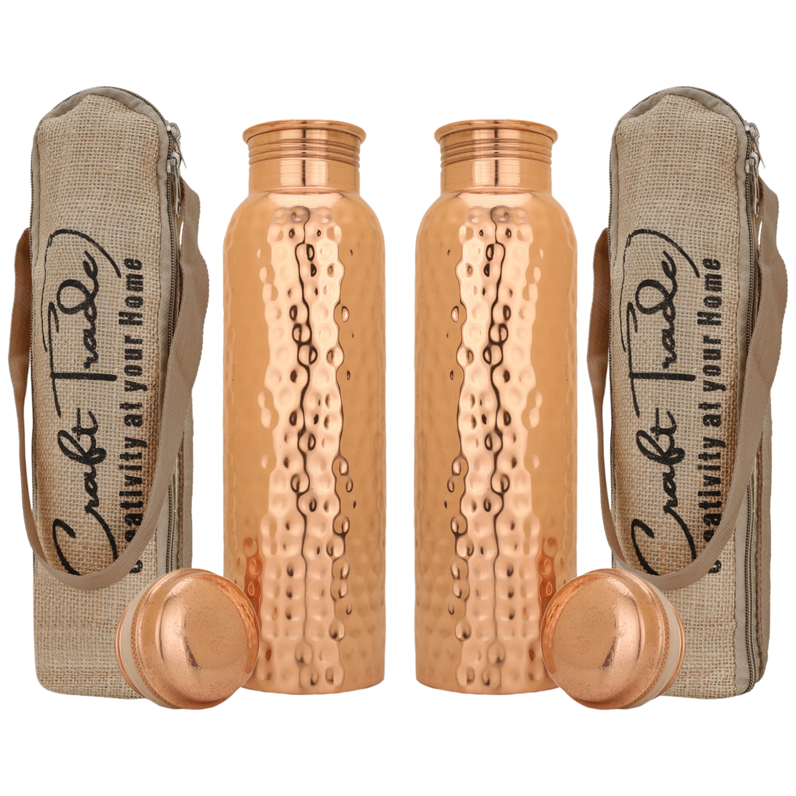Craft Trade Pack of 2 Copper Water Bottle Pure Copper Bottle with Lid and Carry Bag Leak Proof BPA Free Hammered Drinking Bottle for Sport Fitness and Yoga - 1 Litre Natural