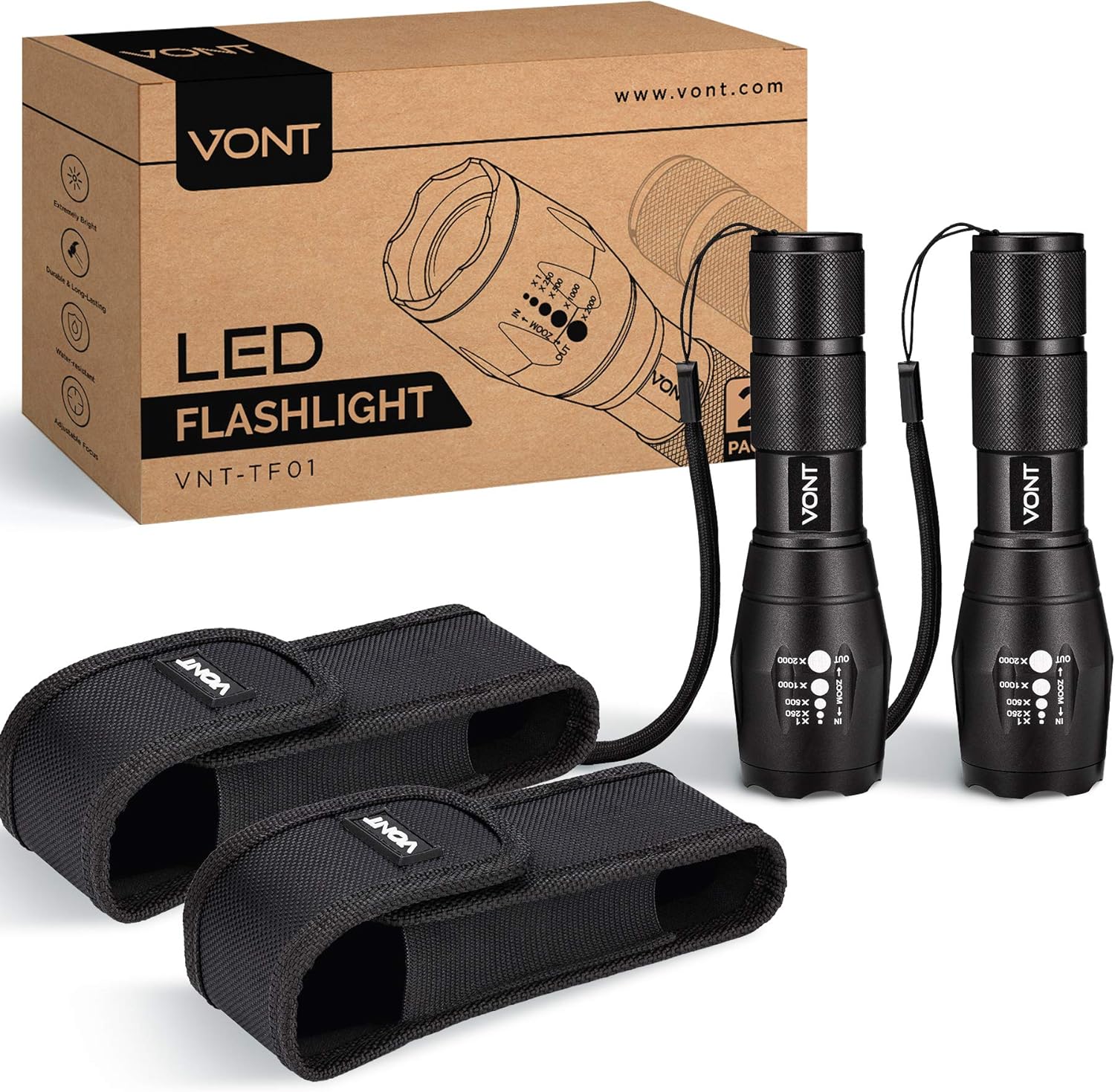 Vont 'Blaze' Tactical Flashlight, 2 PACK, LED Flashlights, Extremely Bright Flash Light, High Lumen, Adjustable Beam, Water-resistant, Great for Hiking, Camping, Survival, Emergency, Outdoors - - 