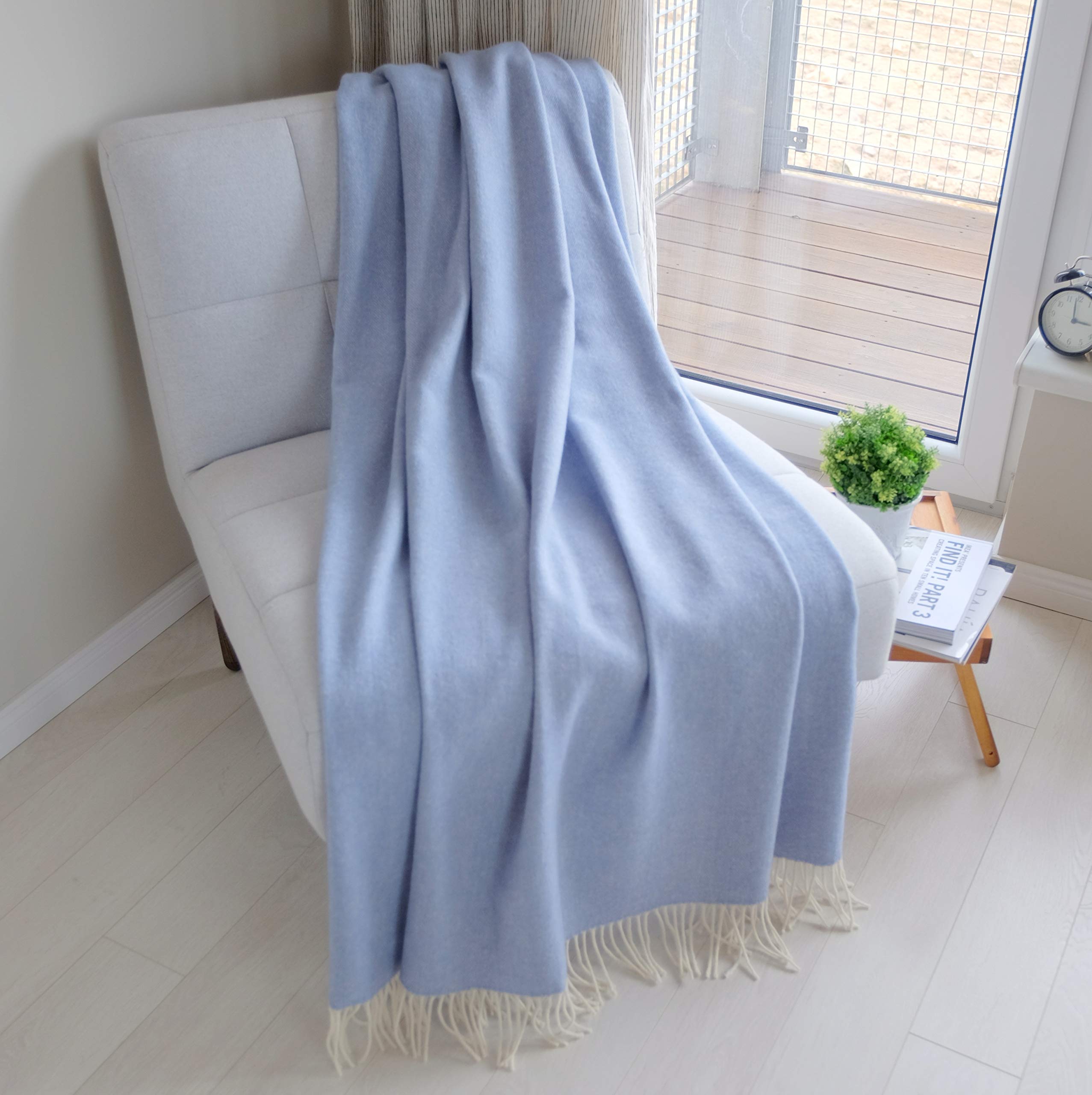 Linen & Cotton Extra Soft Throw/Blanket STONEWOLD Herringbone Pattern -100% Fine Merino Wool, Sky Blue (140 x 200cm) Warm Plaid for Sofa Bed Couch Settee Bedspread Single Double Lambswool
