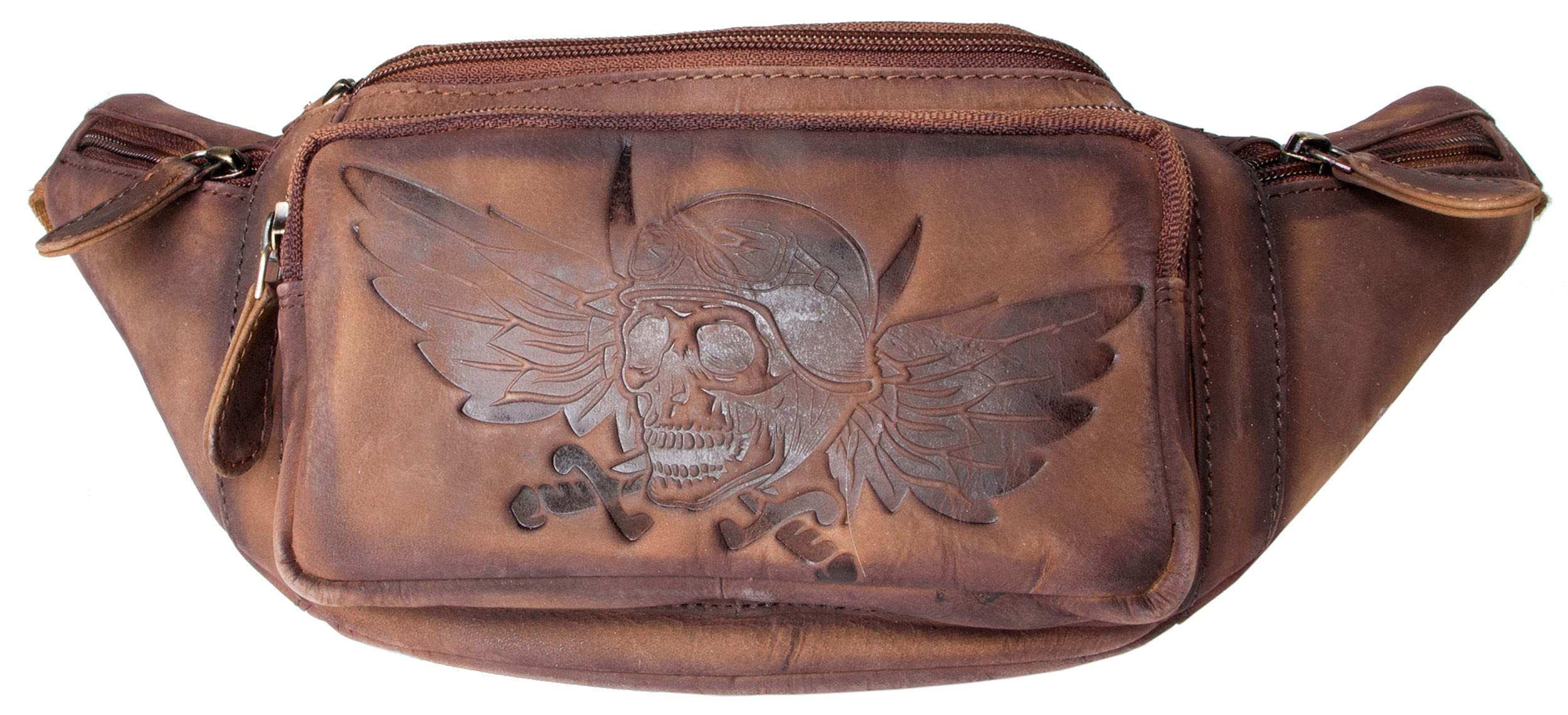 Genuine Leather Belly Bag - Waist Pack - Kidney Bag - Bag for Bikers with a Biker's Skull in a Helm with a Wing