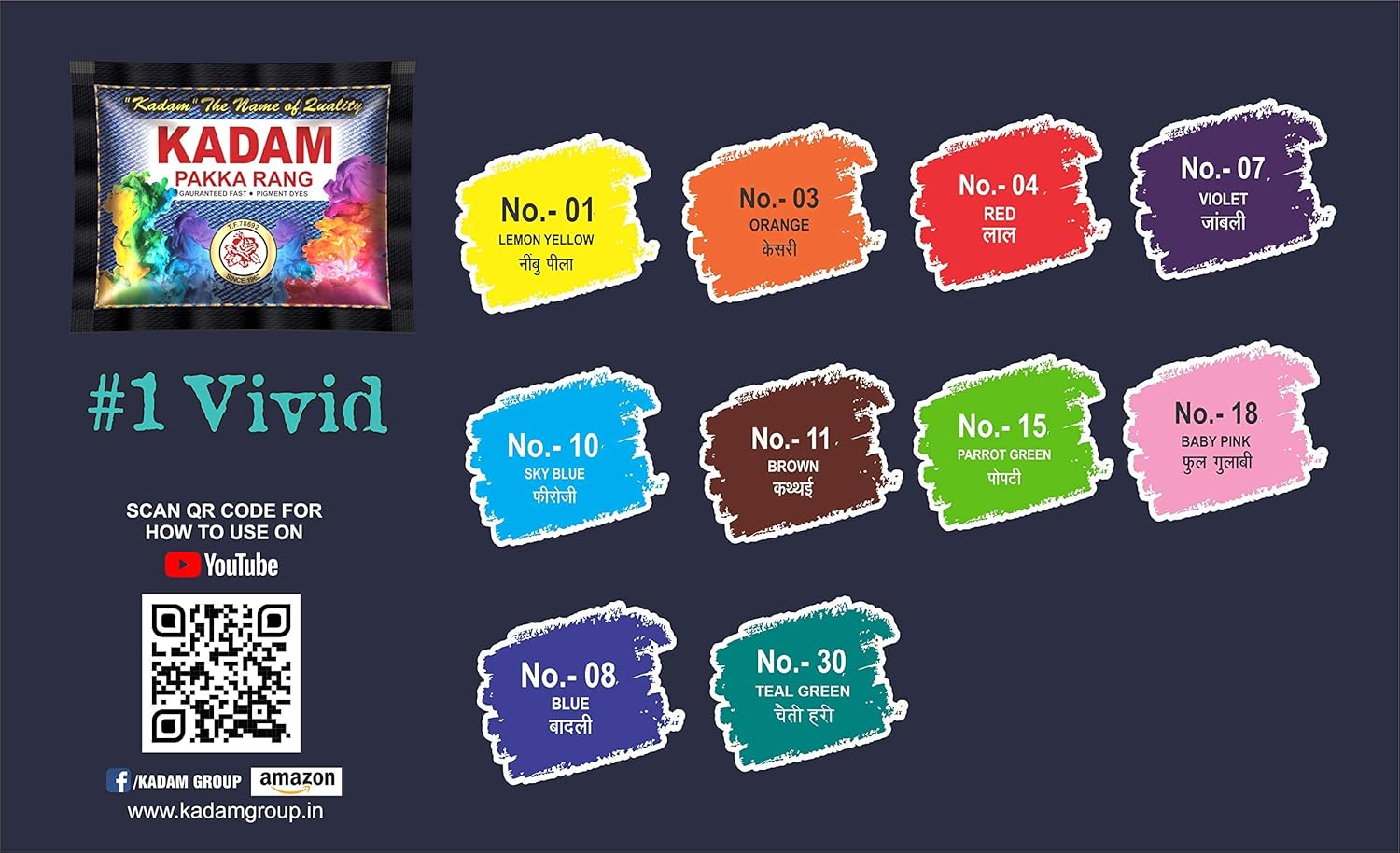 KADAM (LABEL) Fabric Dye Colour, Vivid, 10 Shades Multicolor Pack