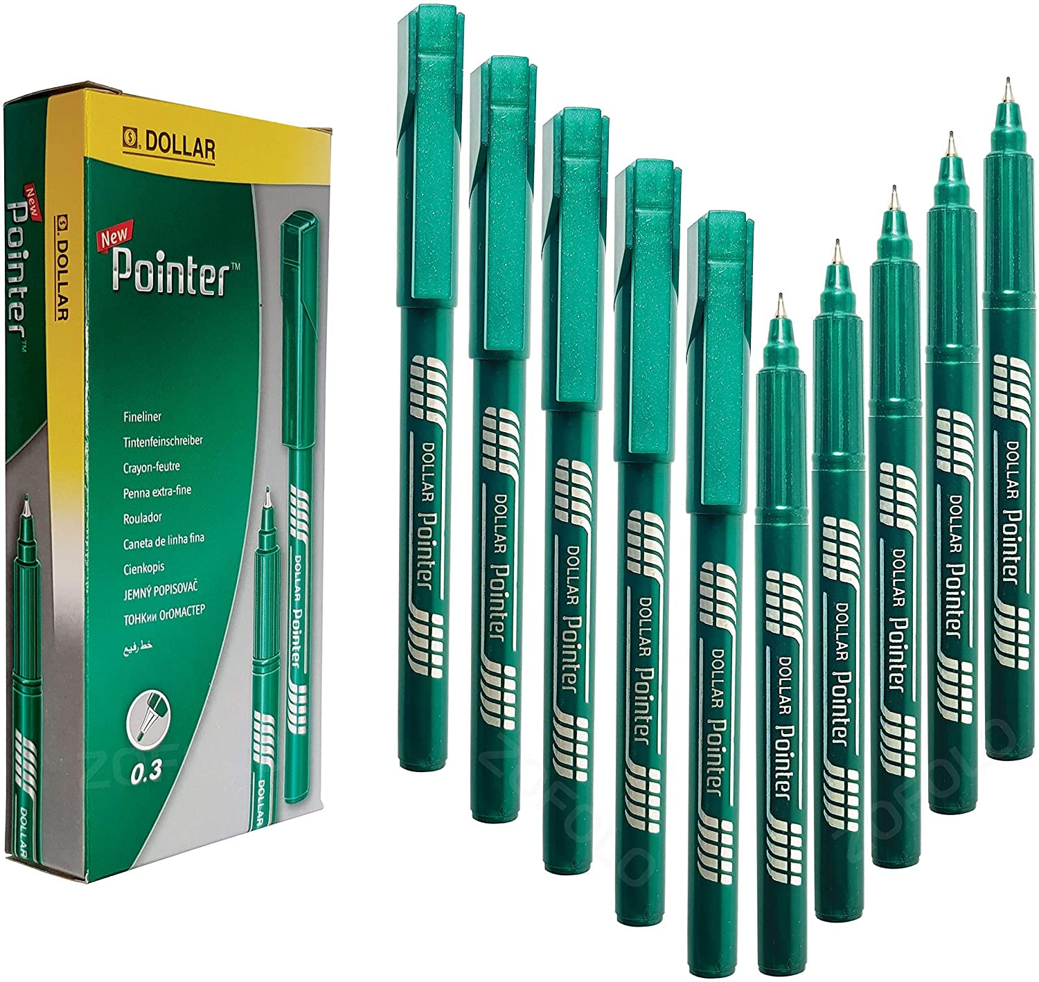DOLLAR Fineliner Pens, GREEN, 0.3mm Ultra Fine Felt Tip, Pack of 10, Precise Writing, Write Draw Sketch Colour Mark Fine Line Pens
