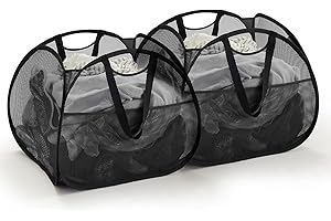 TECHMILLY Collapsible Mesh Pop Up Laundry Hamper with Strong Handles, Large Opening Clothes Hamper with Side Pockets, Storage Baskets for Dorm, Laundry Room, Bathroom or Travel (Black, 90L, 2Pack)